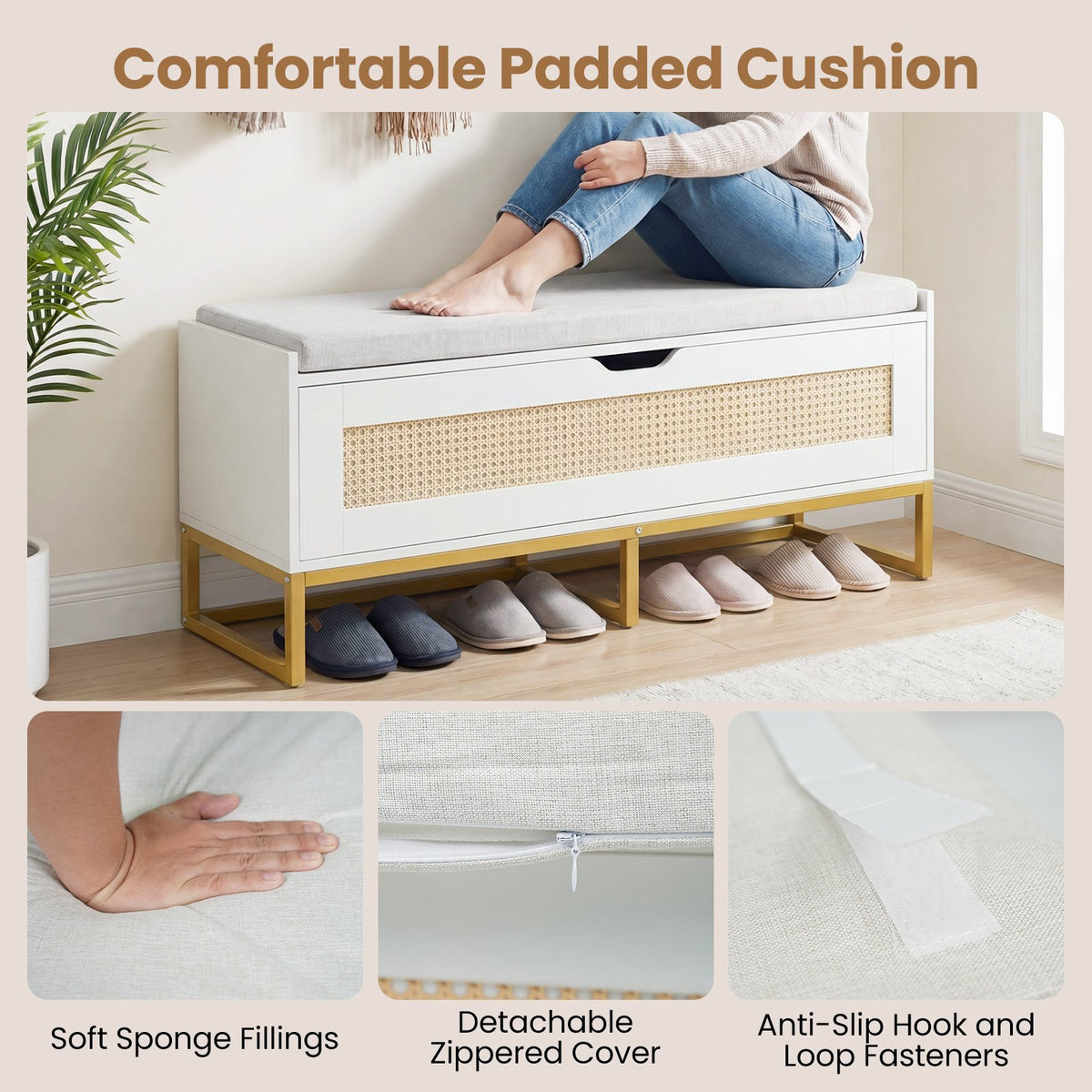 39.5 inches Rattan Storage Chest Wicker Shoe Bench with Padded Seat Flip-Top-White view 8