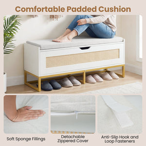 39.5 inches Rattan Storage Chest Wicker Shoe Bench with Padded Seat Flip-Top-White view 8