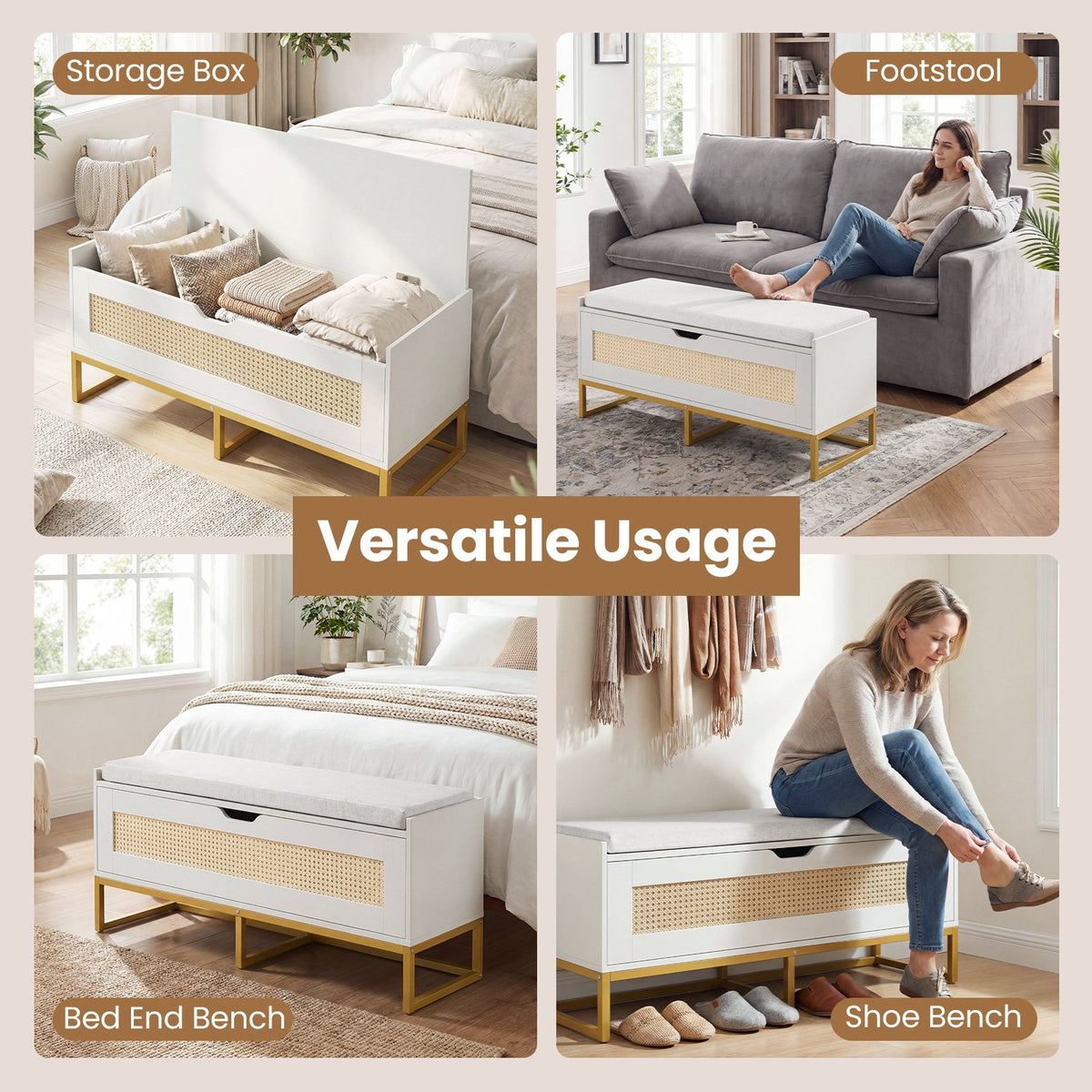 39.5 inches Rattan Storage Chest Wicker Shoe Bench with Padded Seat Flip-Top-White view 9
