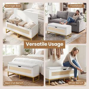 39.5 inches Rattan Storage Chest Wicker Shoe Bench with Padded Seat Flip-Top-White view 9