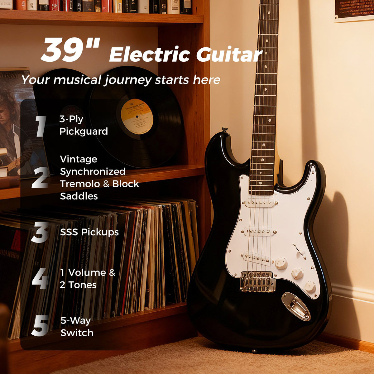 39 Inch Full Size Electric Guitar Beginner Kit with Amplifier for Starter-Black view 5