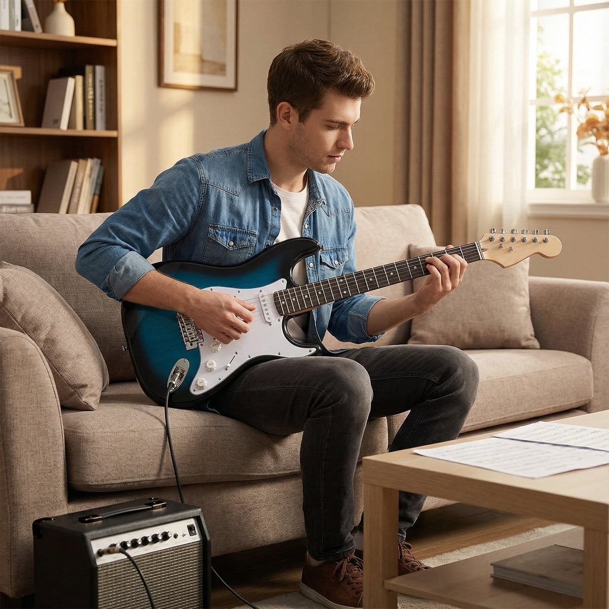 39 Inch Full Size Electric Guitar Beginner Kit with Amplifier for Starter-Blue view 2