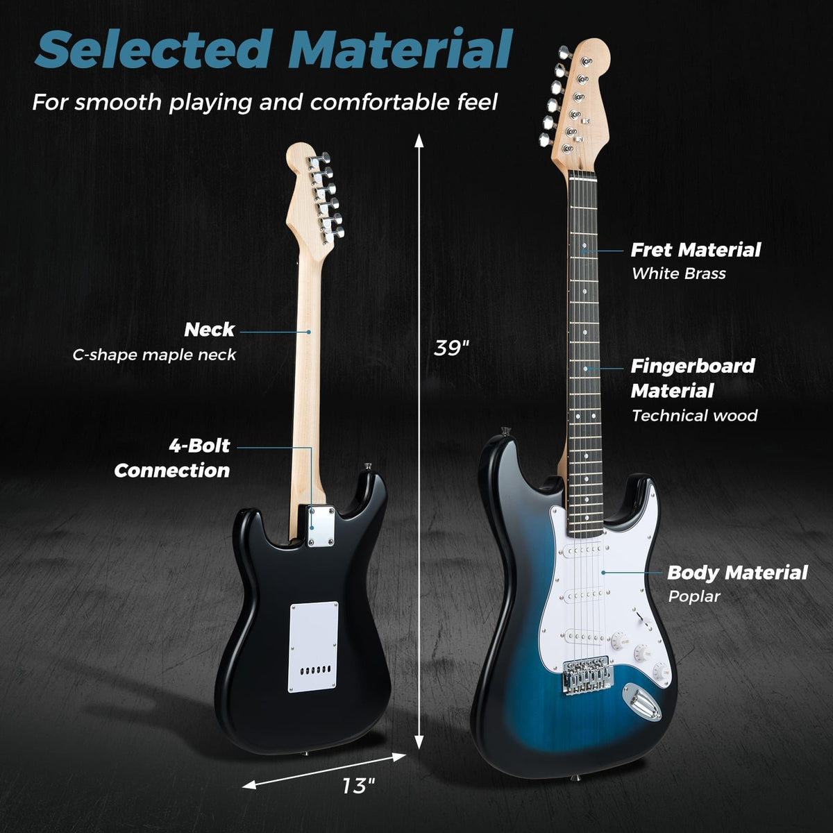 39 Inch Full Size Electric Guitar Beginner Kit with Amplifier for Starter-Blue view 4