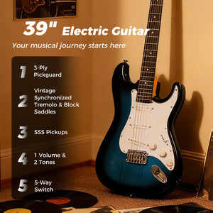 39 Inch Full Size Electric Guitar Beginner Kit with Amplifier for Starter-Blue view 6