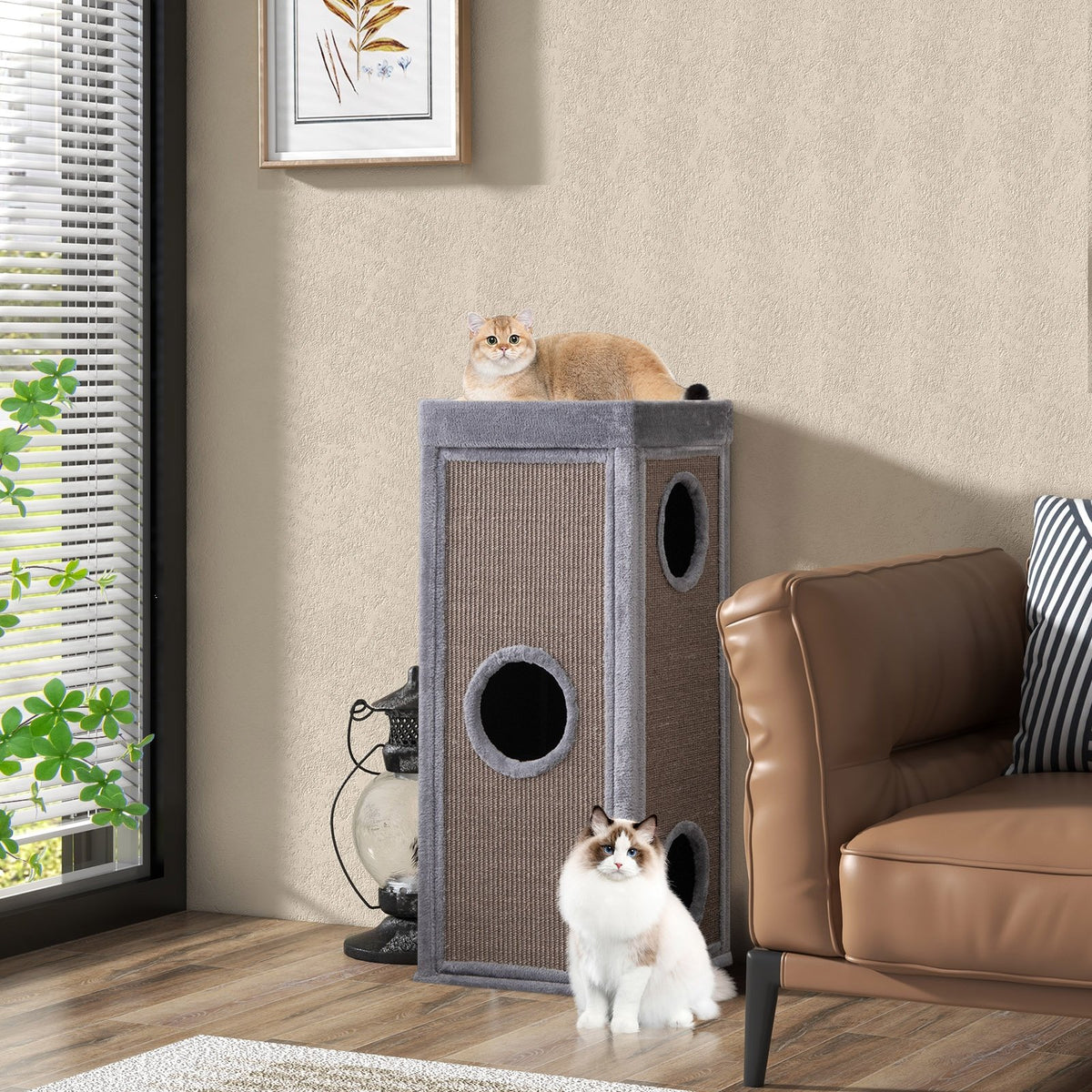 39 Inch Tall Cat Condo with Scratching Posts and 3 Hideaways and 4 Soft Plush Cushions-Gray view 3