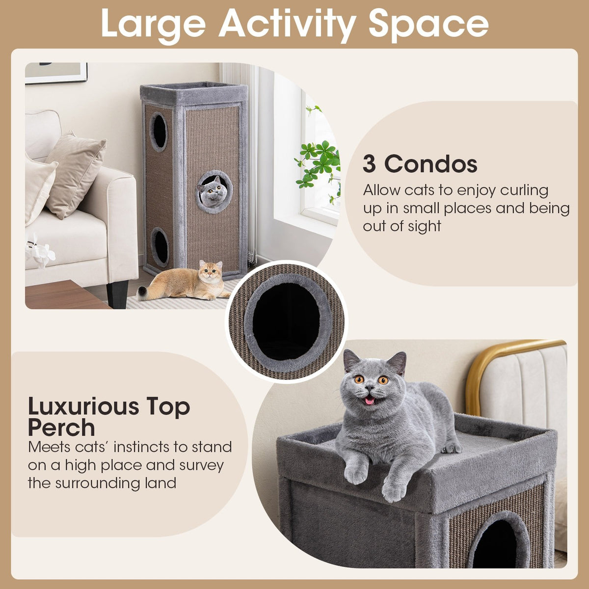 39 Inch Tall Cat Condo with Scratching Posts and 3 Hideaways and 4 Soft Plush Cushions-Gray view 6