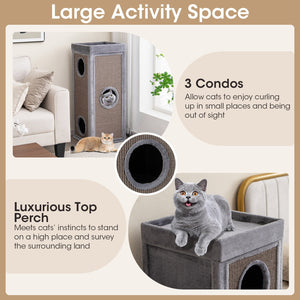 39 Inch Tall Cat Condo with Scratching Posts and 3 Hideaways and 4 Soft Plush Cushions-Gray view 6