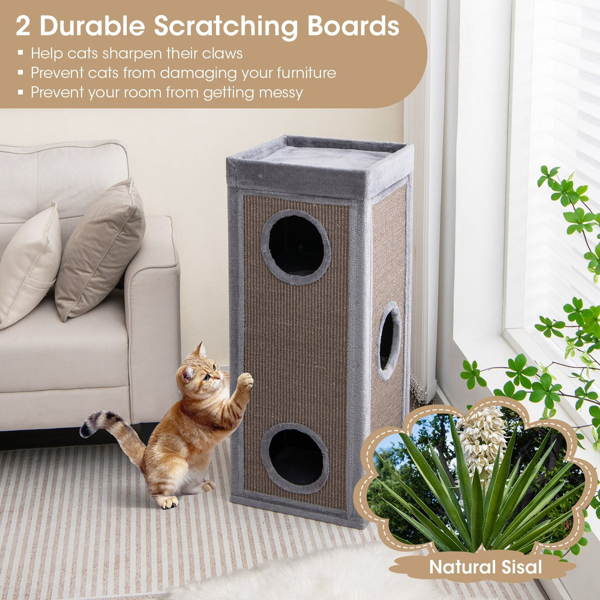 39 Inch Tall Cat Condo with Scratching Posts and 3 Hideaways and 4 Soft Plush Cushions-Gray view 7