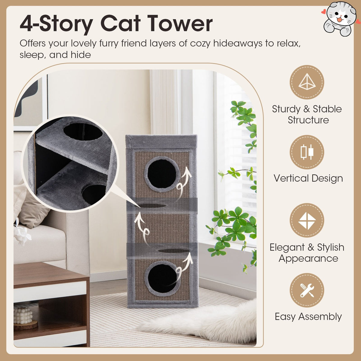 39 Inch Tall Cat Condo with Scratching Posts and 3 Hideaways and 4 Soft Plush Cushions-Gray view 8