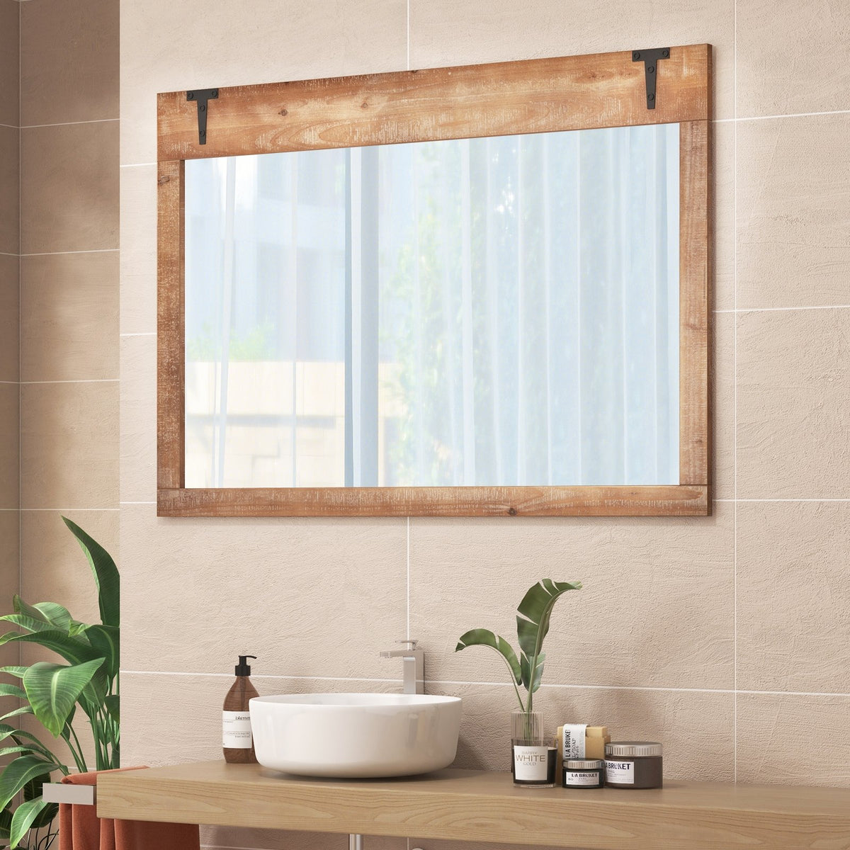 39 x 27.5 Inch Farmhouse Rustic Barn Door Wall Mirror with Wood Frame-Natural view 2