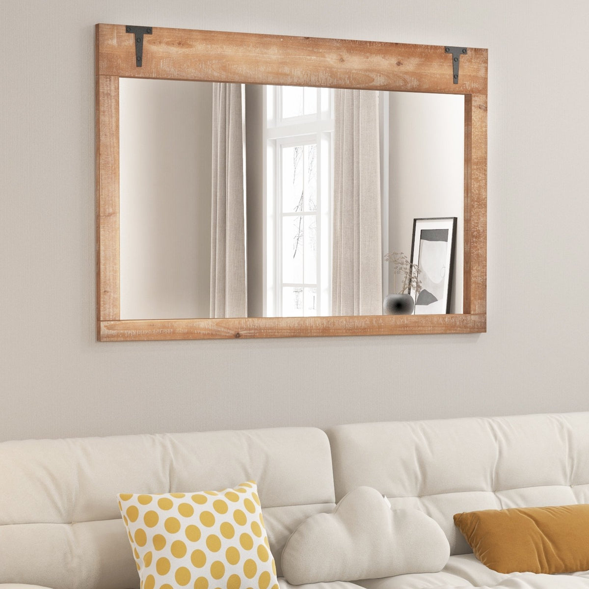 39 x 27.5 Inch Farmhouse Rustic Barn Door Wall Mirror with Wood Frame-Natural view 3