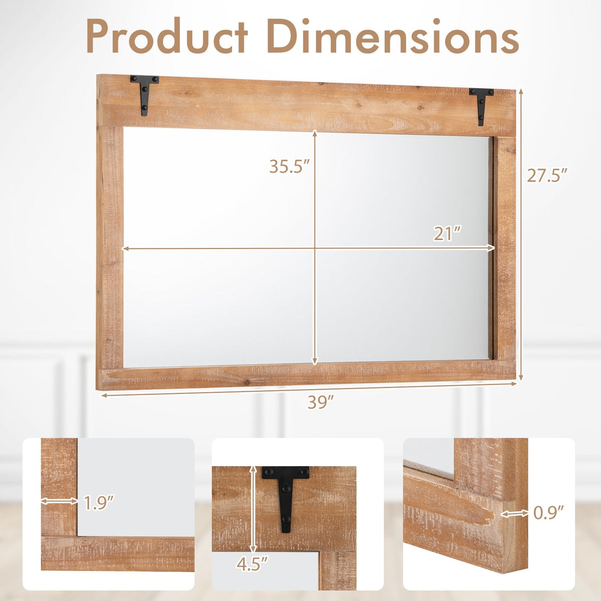 39 x 27.5 Inch Farmhouse Rustic Barn Door Wall Mirror with Wood Frame-Natural view 5