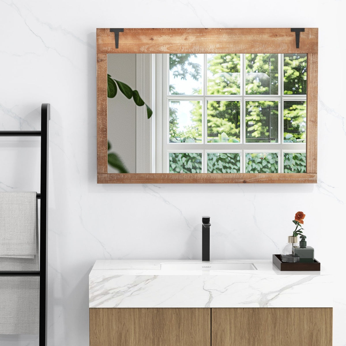 39 x 27.5 Inch Farmhouse Rustic Barn Door Wall Mirror with Wood Frame-Natural view 6