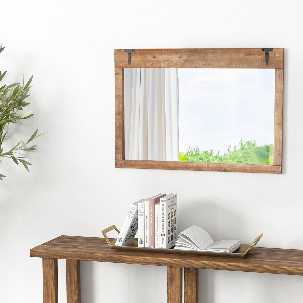 39 x 27.5 Inch Farmhouse Rustic Barn Door Wall Mirror with Wood Frame-Natural view 7