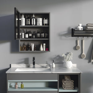 Bathroom Medicine Cabinet, Wall-Mounted Mirror Cabinet with Single Door, Storage Shelves and Stainless Steel Frame for Laundry Room, Black