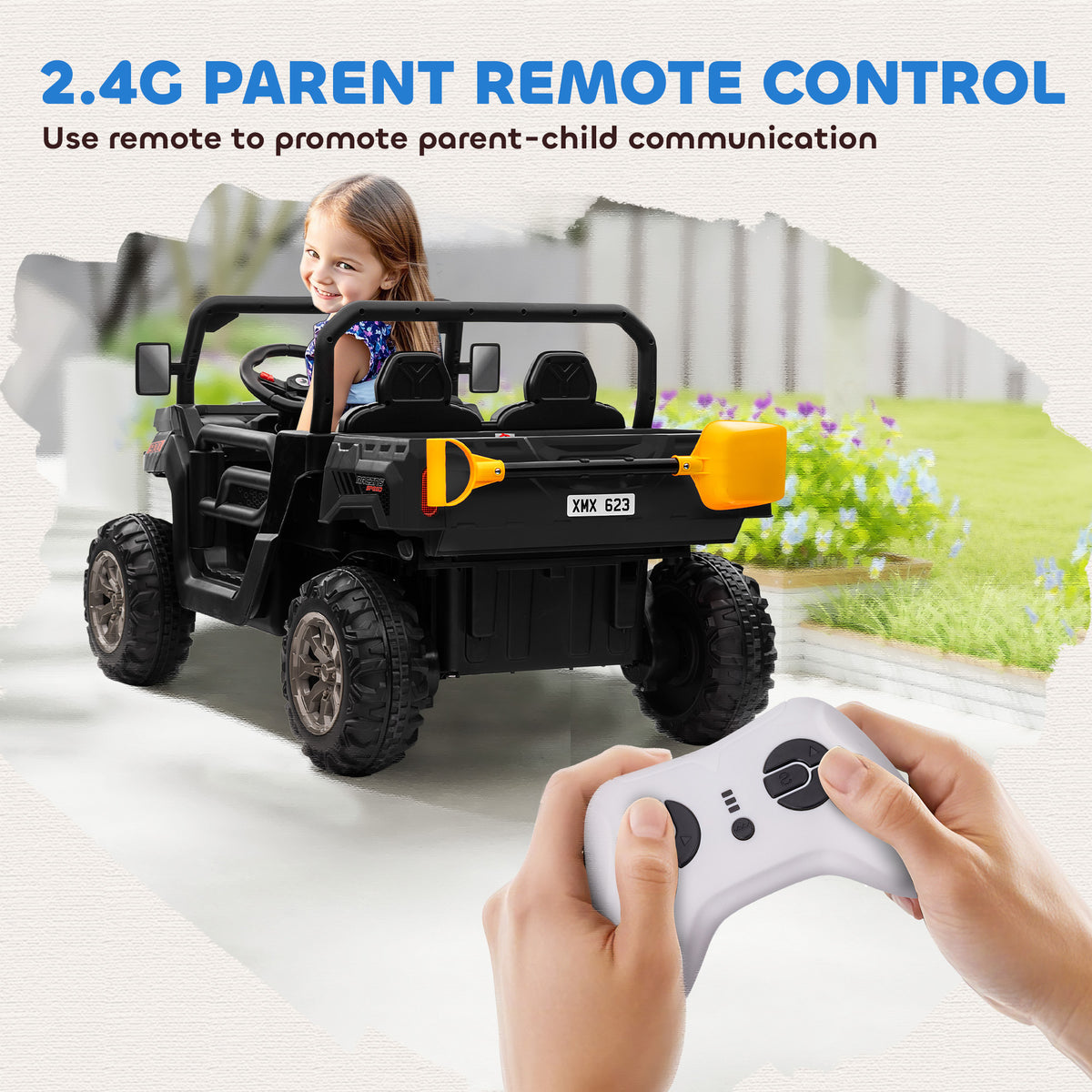 Aosom 12V Ride on Car with Electric Bucket, Two-Seater, Shovel, Remote Control, Spring Suspension, Horn, Music