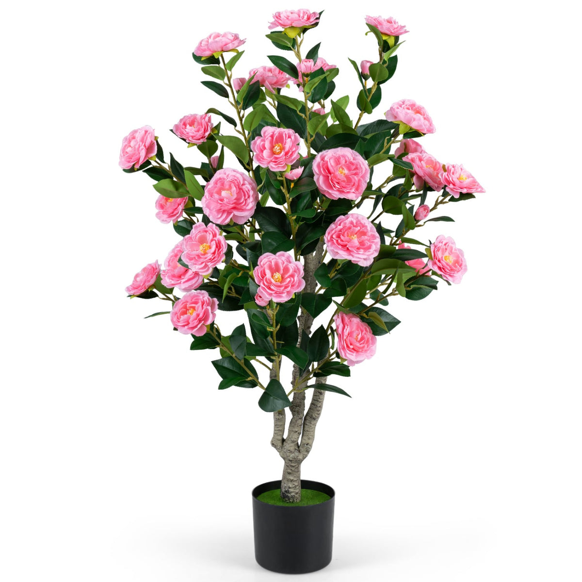 39.5 inches Artificial Camellia Tree with Orange Blossoms in Cement Pot for Home Decoration-Pink