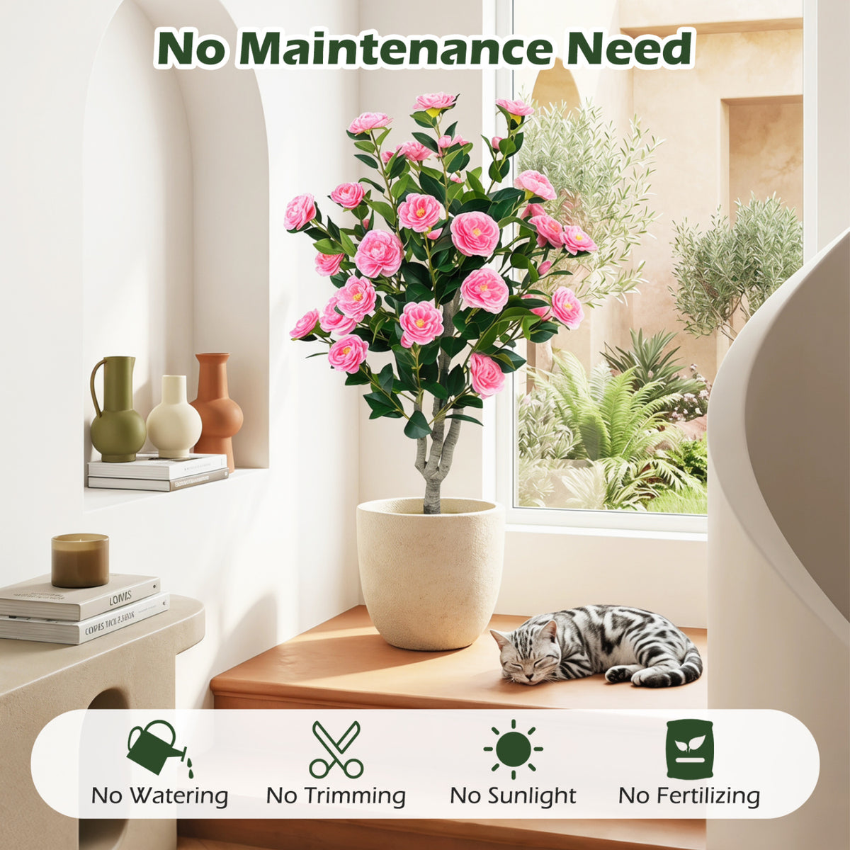 39.5 inches Artificial Camellia Tree with Orange Blossoms in Cement Pot for Home Decoration-Pink view 5