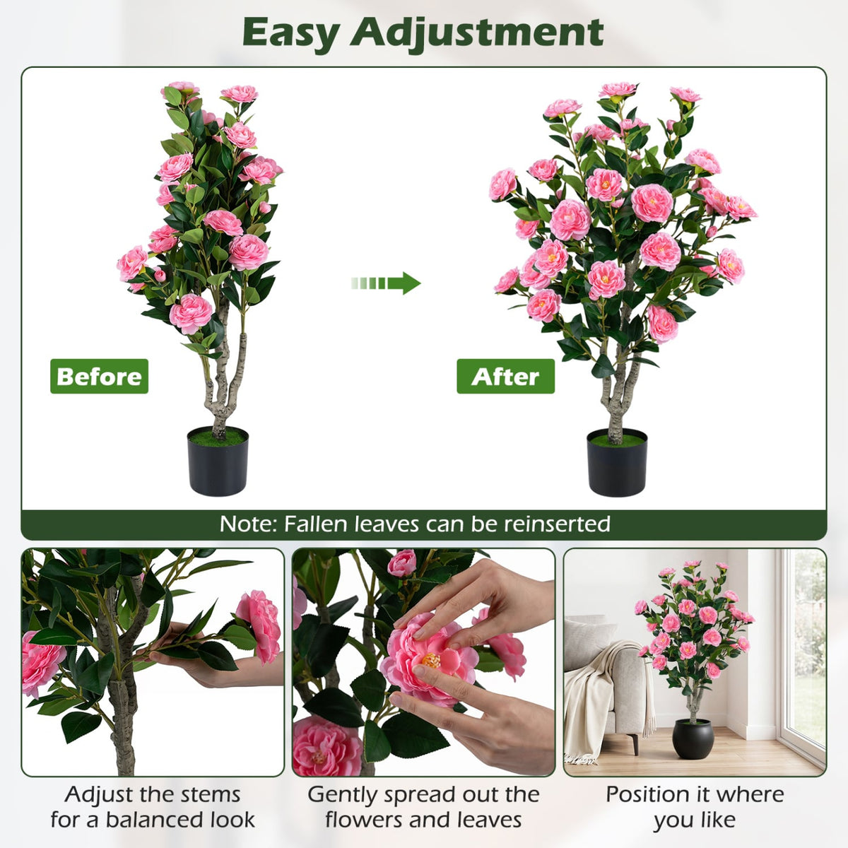 39.5 inches Artificial Camellia Tree with Orange Blossoms in Cement Pot for Home Decoration-Pink view 7