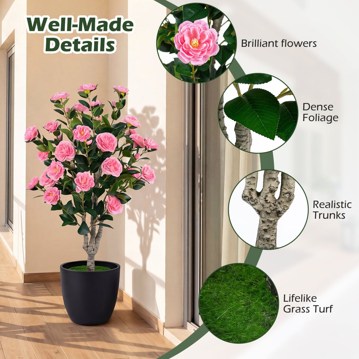 39.5 inches Artificial Camellia Tree with Orange Blossoms in Cement Pot for Home Decoration-Pink view 9