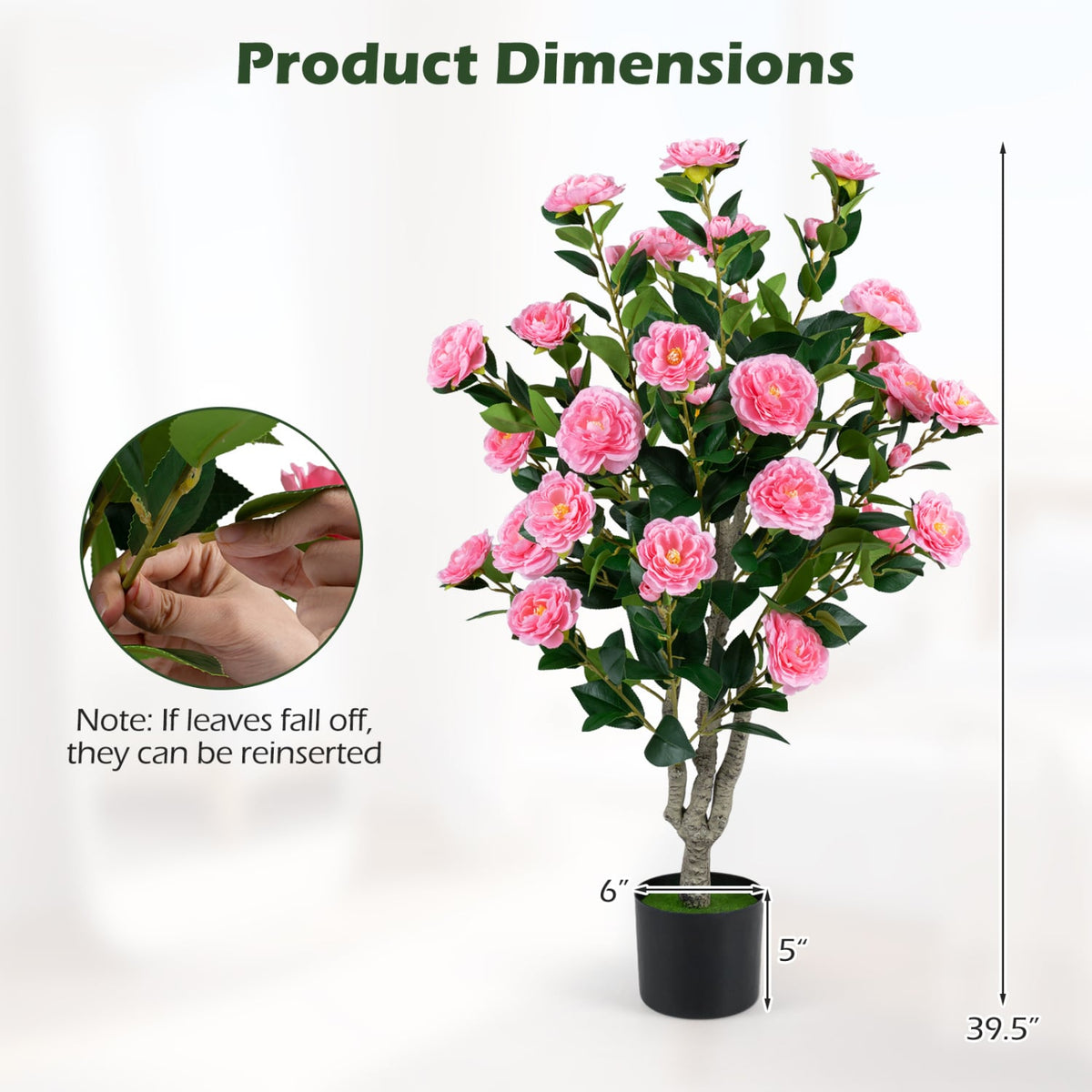 39.5 inches Artificial Camellia Tree with Orange Blossoms in Cement Pot for Home Decoration-Pink view 3