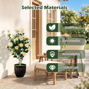 39.5 inches Artificial Camellia Tree with Orange Blossoms in Cement Pot for Home Decoration-White view 4