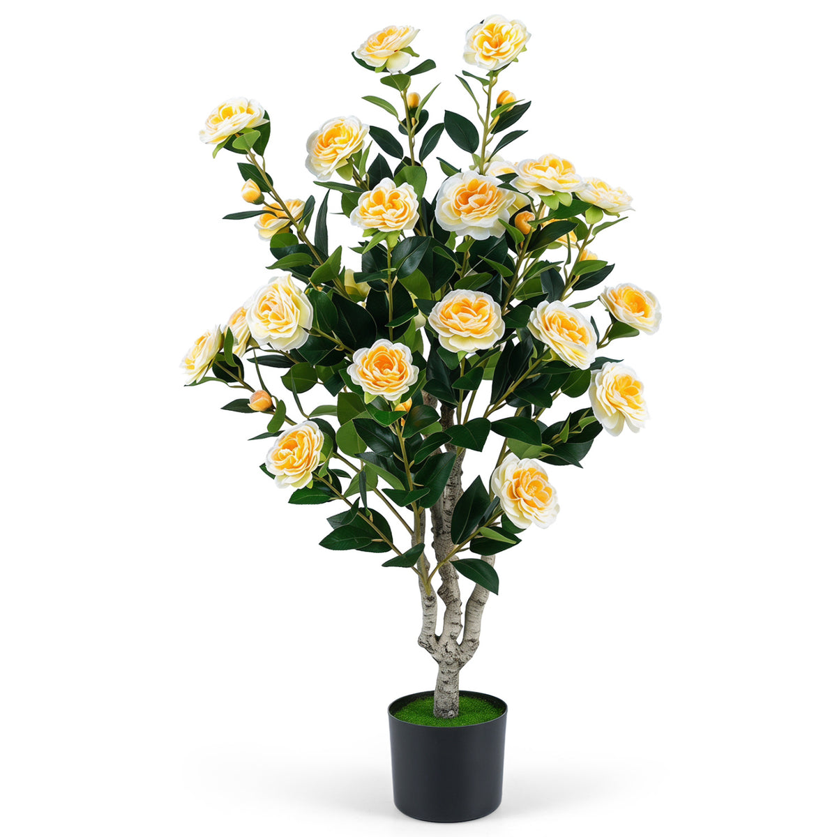 39.5 inches Artificial Camellia Tree with Orange Blossoms in Cement Pot for Home Decoration-White
