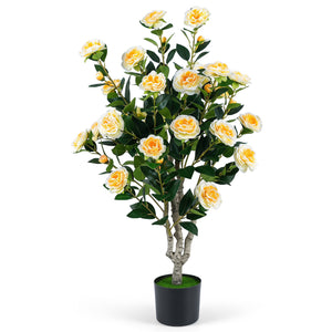 39.5 inches Artificial Camellia Tree with Orange Blossoms in Cement Pot for Home Decoration-White