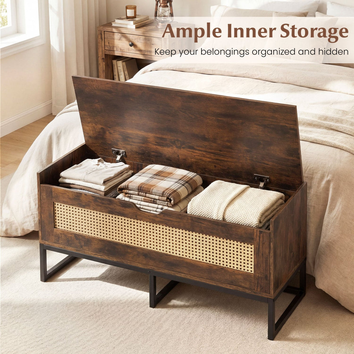 39.5 inches Rattan Storage Chest Wicker Shoe Bench with Padded Seat Flip-Top-Rustic Brown view 6