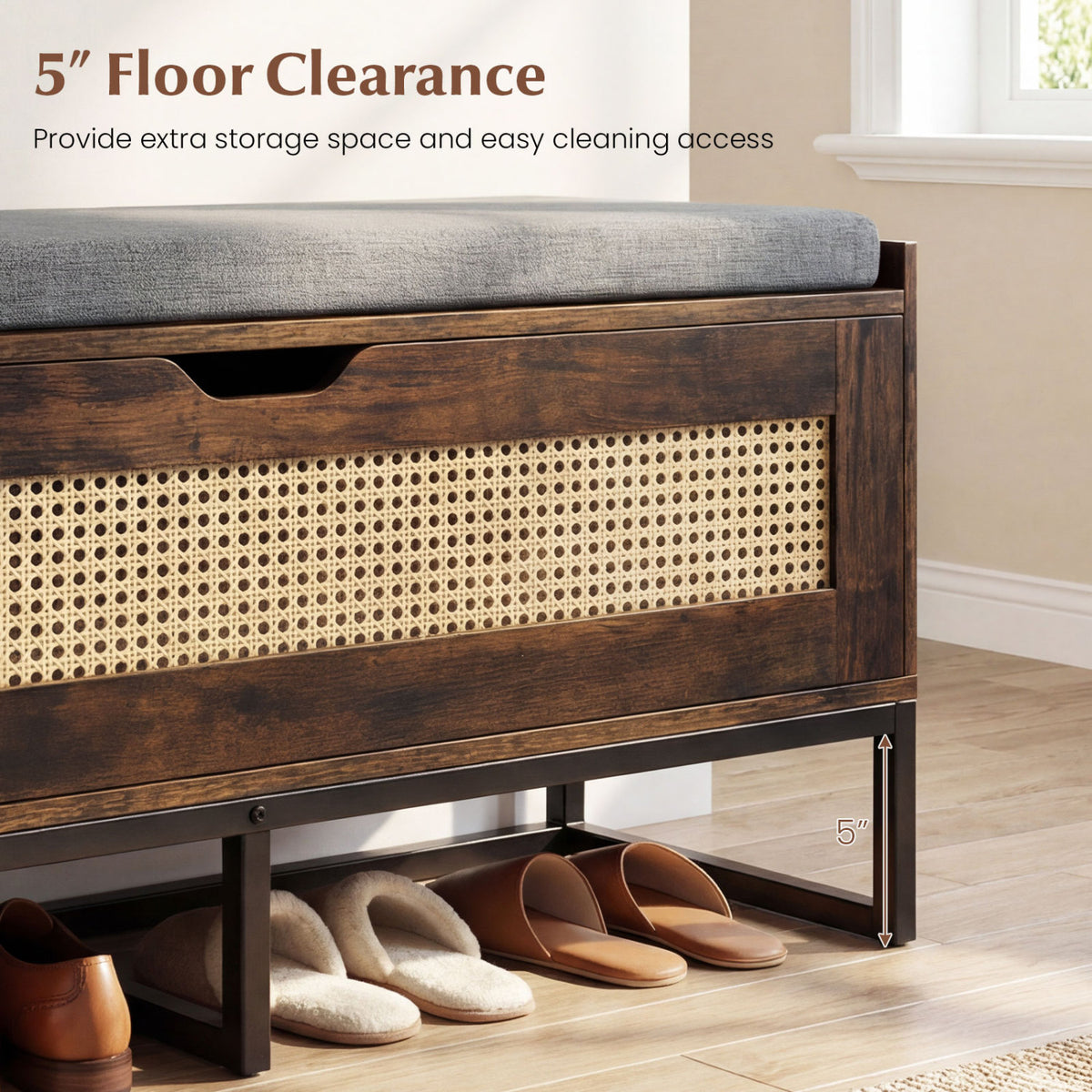 39.5 inches Rattan Storage Chest Wicker Shoe Bench with Padded Seat Flip-Top-Rustic Brown view 7