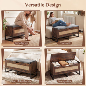 39.5 inches Rattan Storage Chest Wicker Shoe Bench with Padded Seat Flip-Top-Rustic Brown view 9