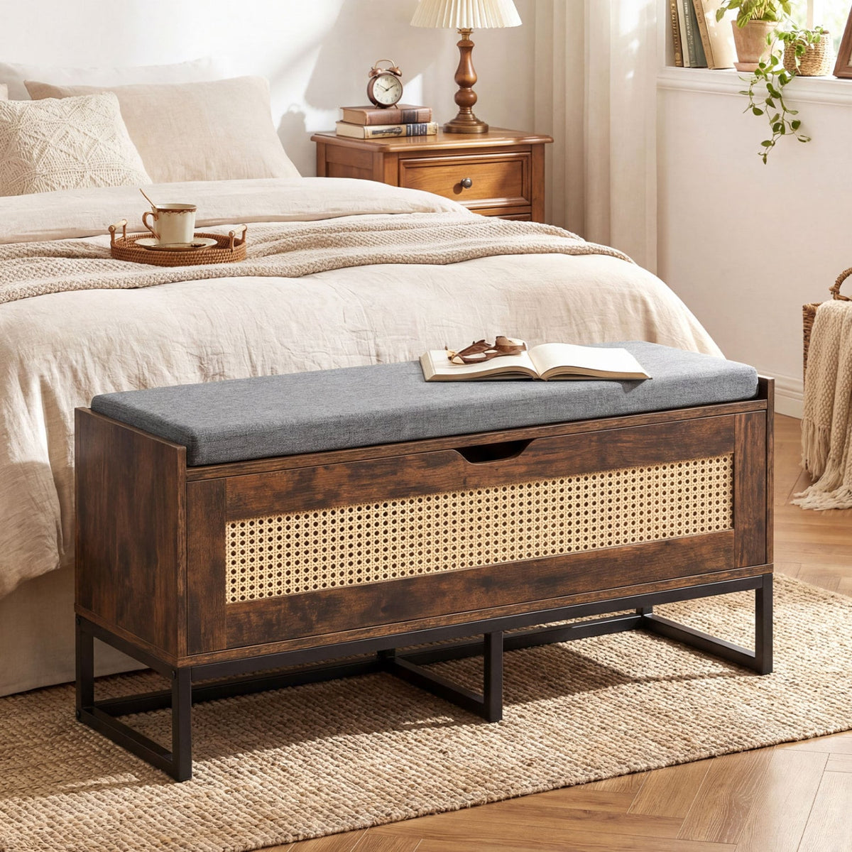 39.5 inches Rattan Storage Chest Wicker Shoe Bench with Padded Seat Flip-Top-Rustic Brown view 2