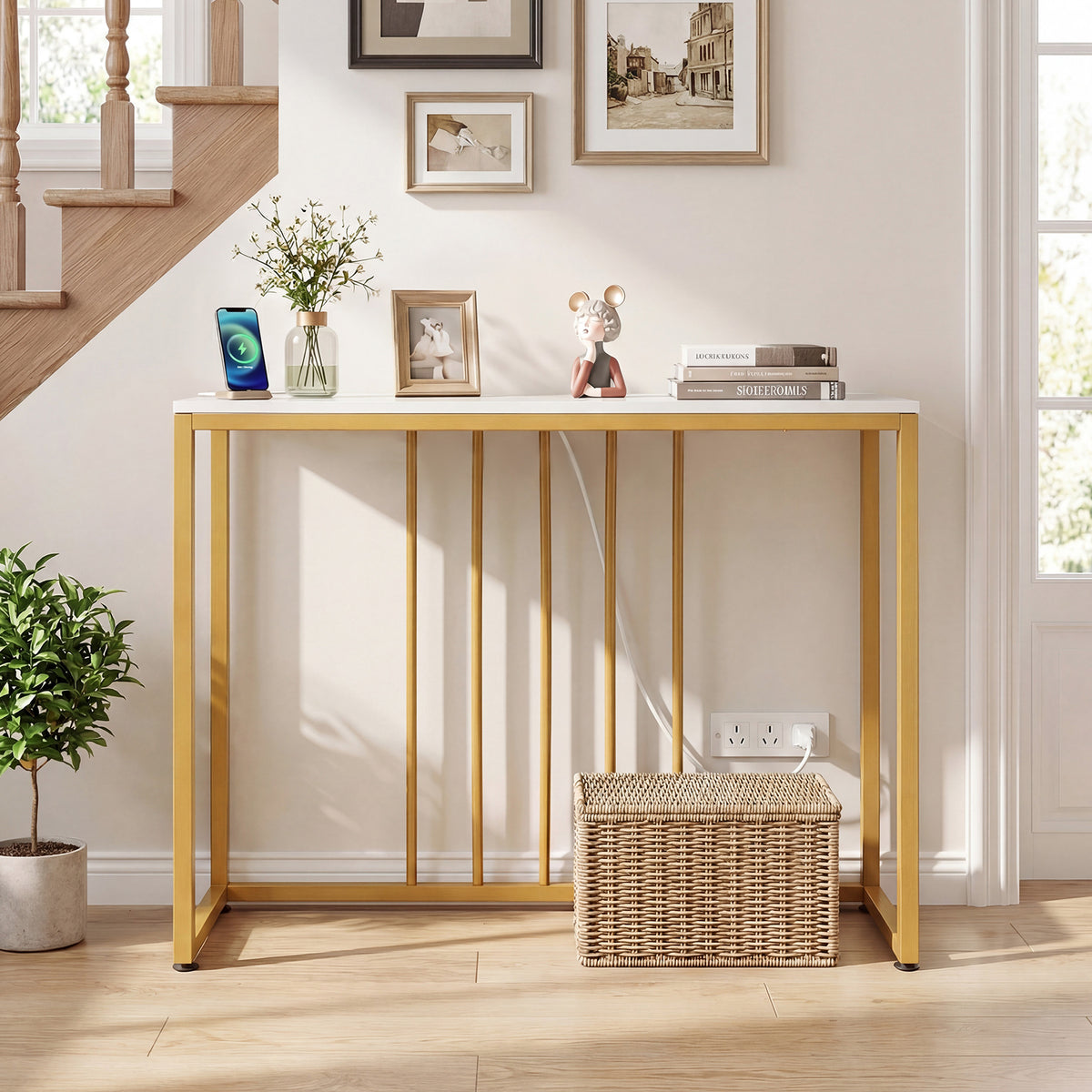 39 inchesModern Console Table with Built-in Charging Station-White view 3