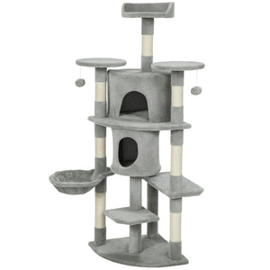 62" Cat Tree with Scratching Post, 2 Condos, Hammock, Perches, Plush, Pompoms, for Indoor Cats, Beige – view 15