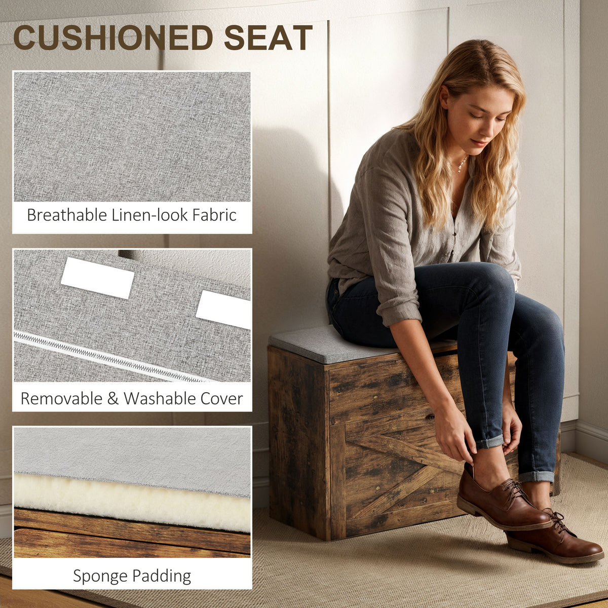 Shoe Storage Bench with Flip Drawer and Lift Top Storage, Entryway Bench with Seat Cushion for Hallway – view 13