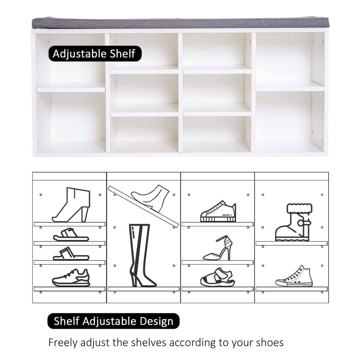 Shoe Bench with Storage, Upholstered Entryway Bench with Adjustable Shelves, Cushion for Living Room, Hallway, White
