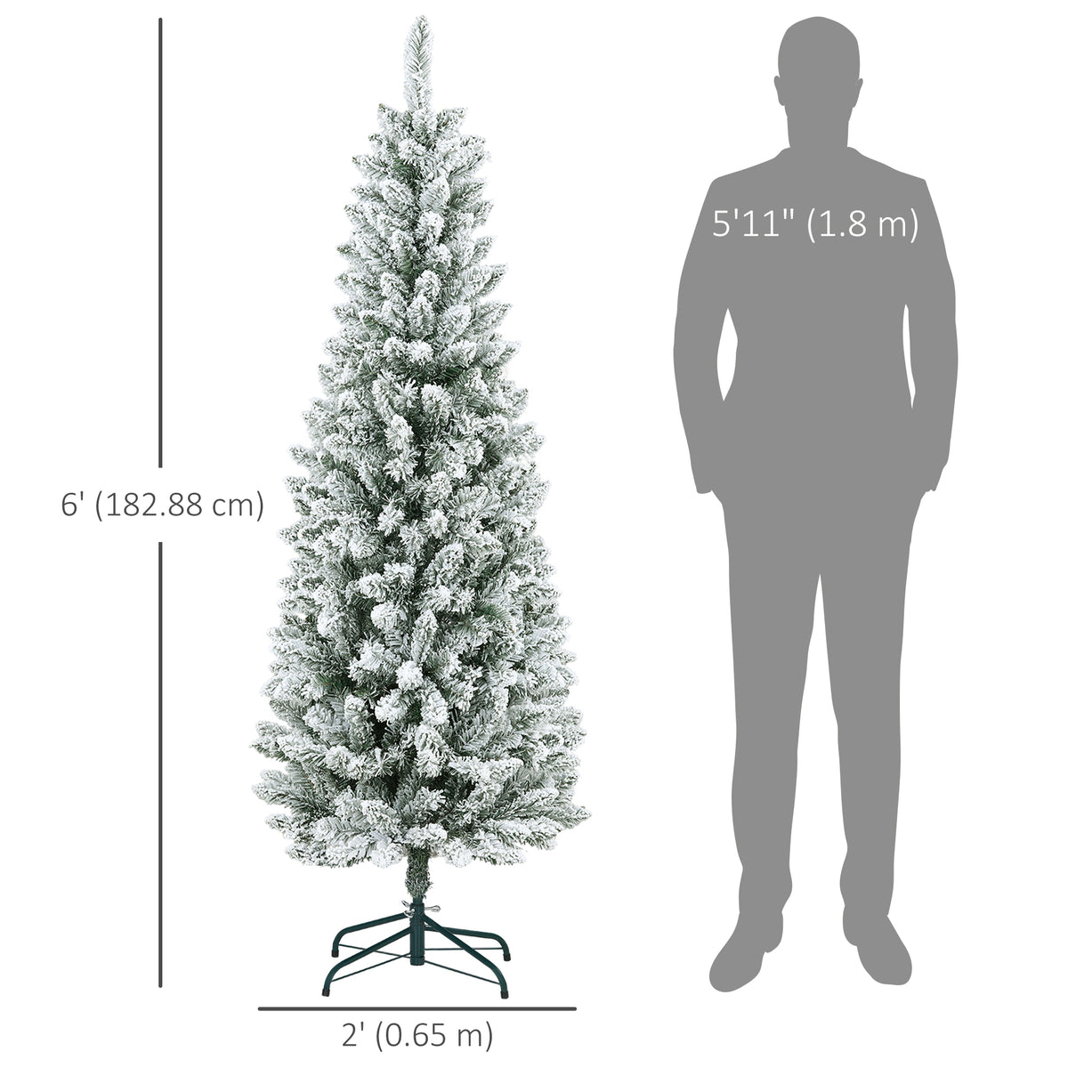 6ft Pencil Christmas Tree, Flocked Tree with 479 Branch Tips and Metal Base for Home, Indoor, Holiday