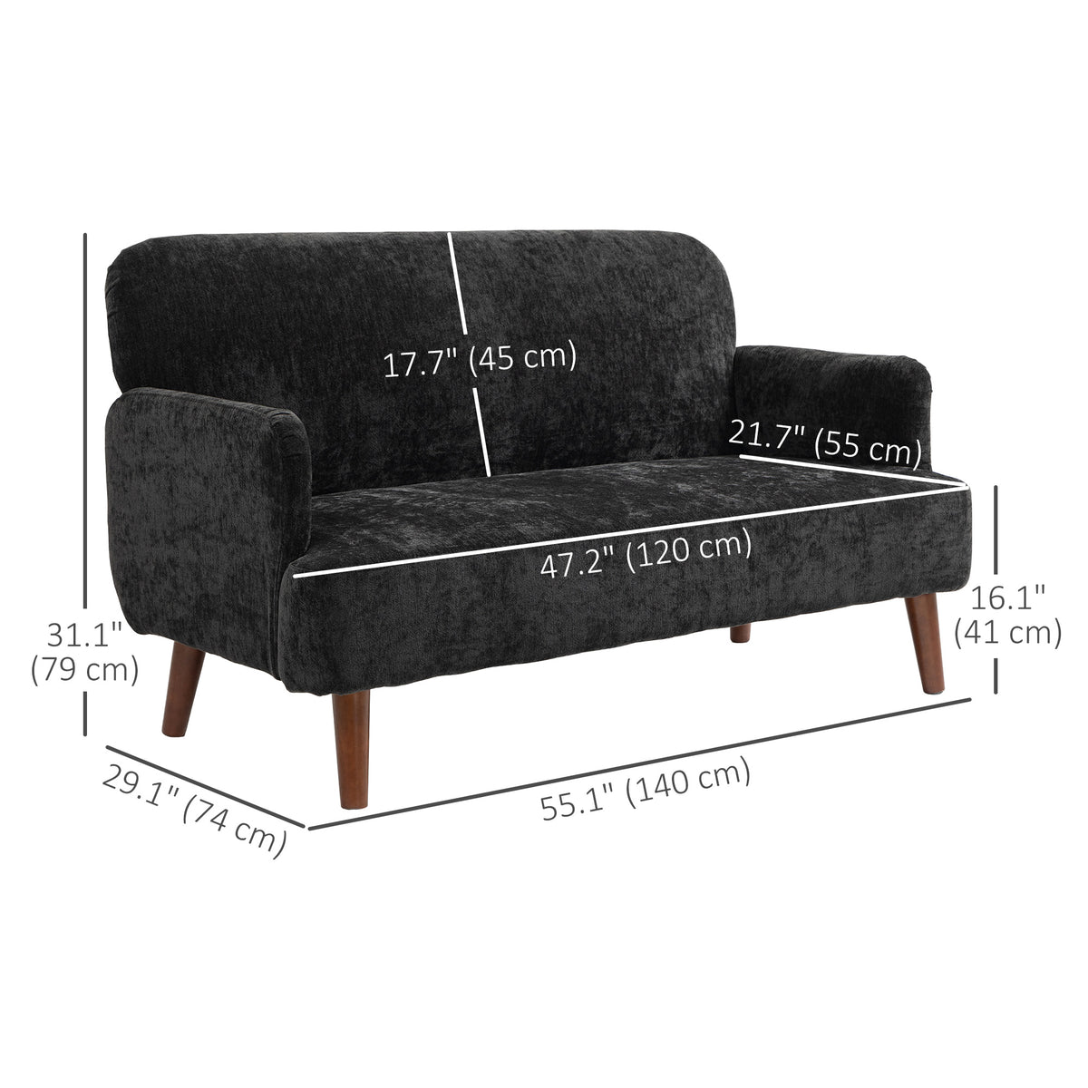 Velvet Feel Fabric 2 Seater Sofa, Small Sofa Loveseat with 8.3" Thick Padding and Wood Legs, Black – view 2