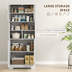 57" Kitchen Pantry, Freestanding Pantry Storage Cabinet with Glass Doors, Adjustable Shelves, Open Compartments, White