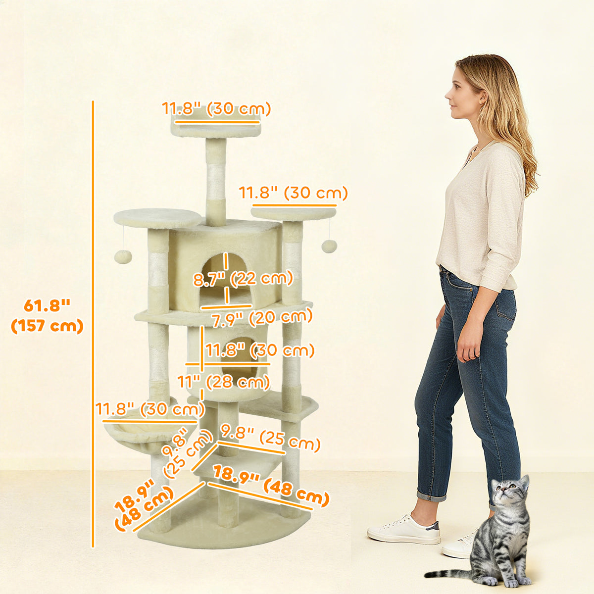 62" Cat Tree with Scratching Post, 2 Condos, Hammock, Perches, Plush, Pompoms, for Indoor Cats, Beige – view 2