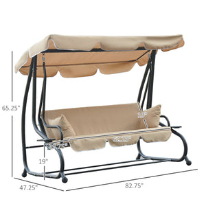3-Seat Outdoor Patio Swing Chair, 2-in-1 Convertible Flat Bed, Canopy Swing with Adjustable Shade, Removable Cushions, Cup Holder, Beige