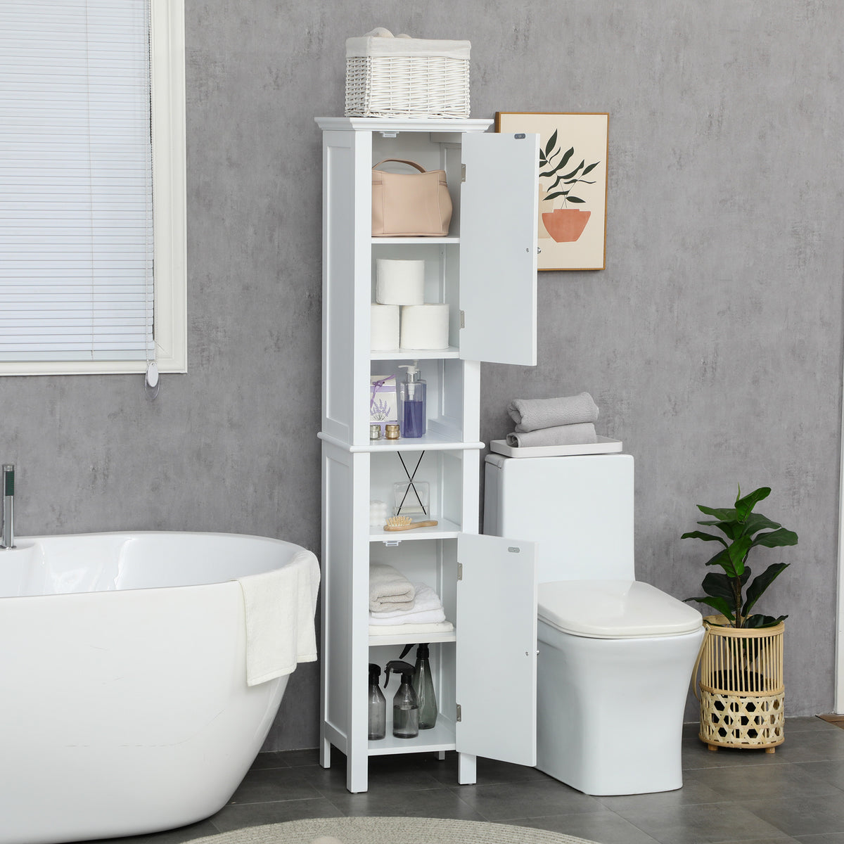 Bathroom Cabinet, Freestanding Linen Cabinet with Open Shelves, 13.8" x 11.8" x 62.4", White