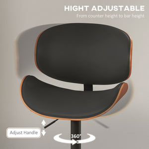 Bar Stools Set of 2, Modern PU Leather Adjustable Swivel Barstools with Curved Back, Footrest and Steel Base, Black