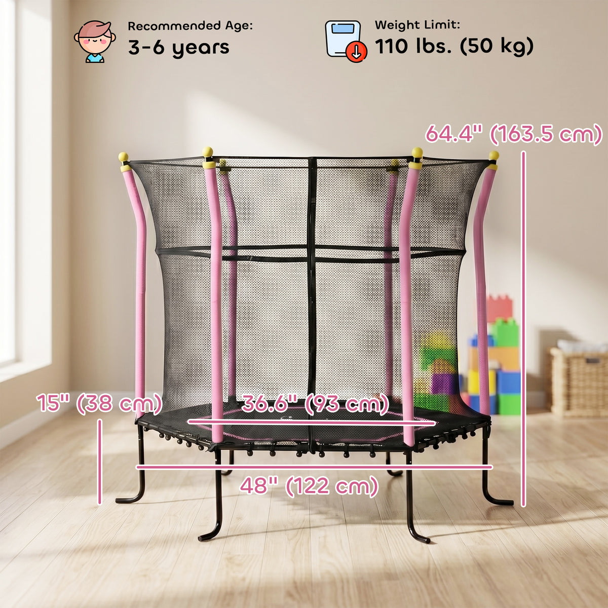 Soozier 63" Kids Trampoline Mini Indoor Bouncer Jumper with Enclosure Net Elastic Thick Padded Pole Gift for Child Toddler Age 3-6 Years Old