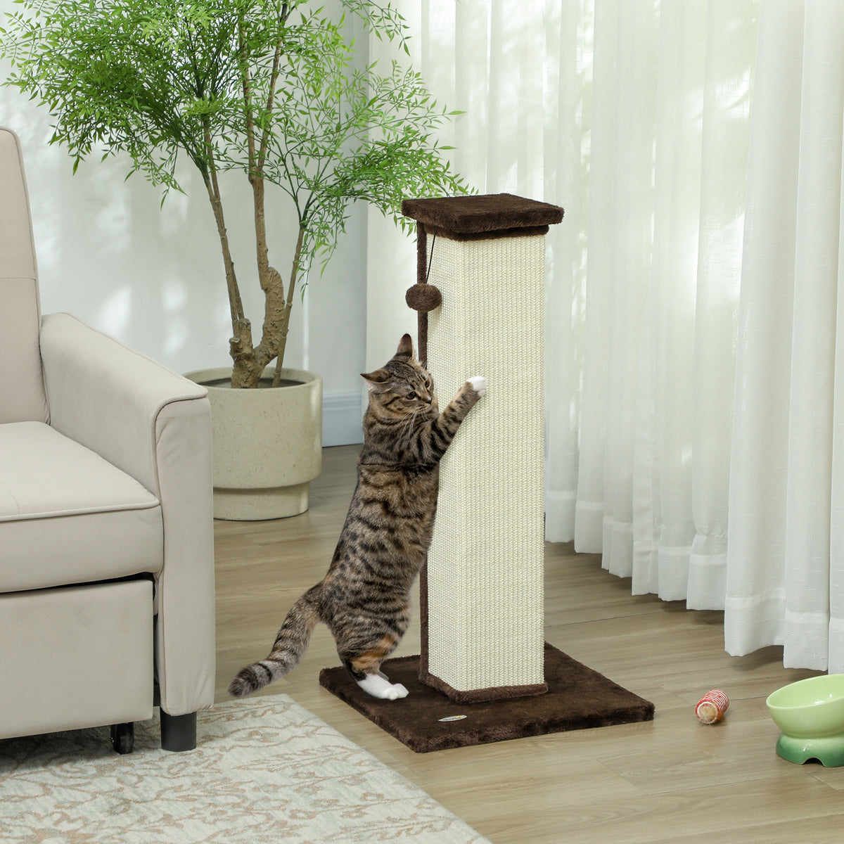 32" Tall Cat Scratching Post for Indoor Cats and Kittens, Sisal Cat Scratcher with Hanging Ball Soft Plush – view 14