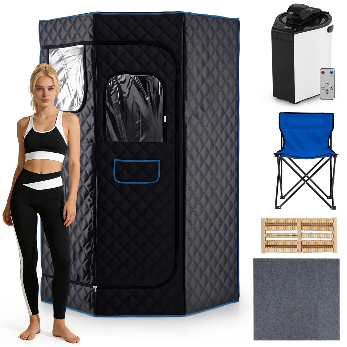 3L Portable Steam Sauna for Home Fast-Heat with 9-Level Remote Control and Folding Chair-Black view 2