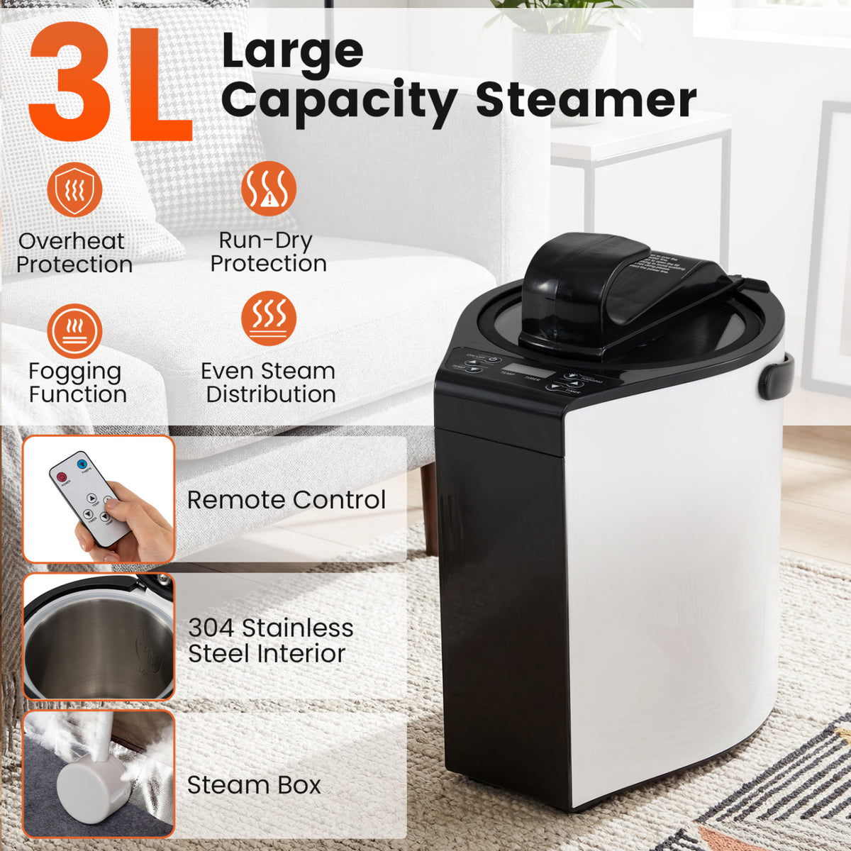 3L Portable Steam Sauna for Home Fast-Heat with 9-Level Remote Control and Folding Chair-Black view 4