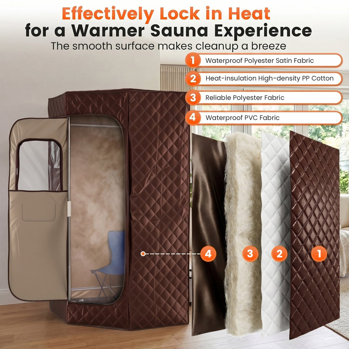 3L Portable Steam Sauna for Home Fast-Heat with 9-Level Remote Control and Folding Chair-Brown view 5