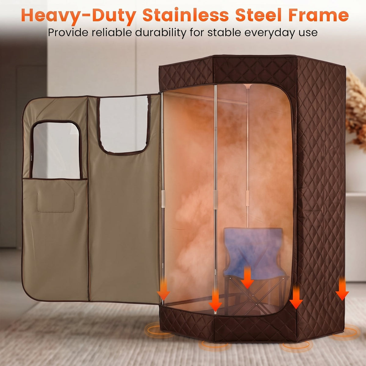3L Portable Steam Sauna for Home Fast-Heat with 9-Level Remote Control and Folding Chair-Brown view 6
