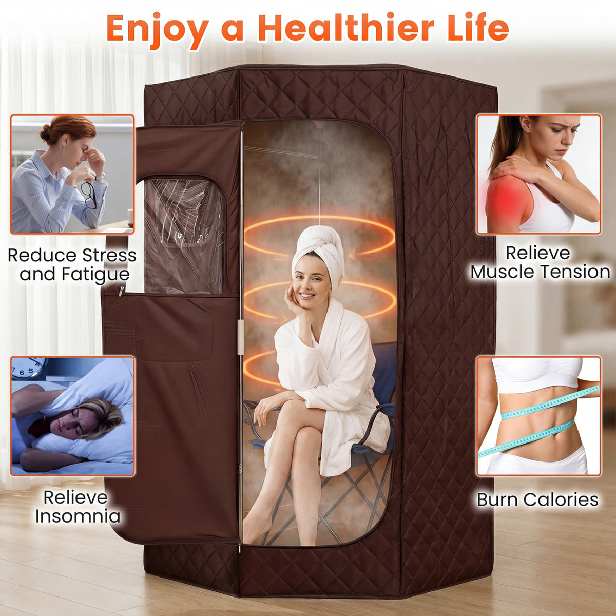 3L Portable Steam Sauna for Home Fast-Heat with 9-Level Remote Control and Folding Chair-Brown view 9